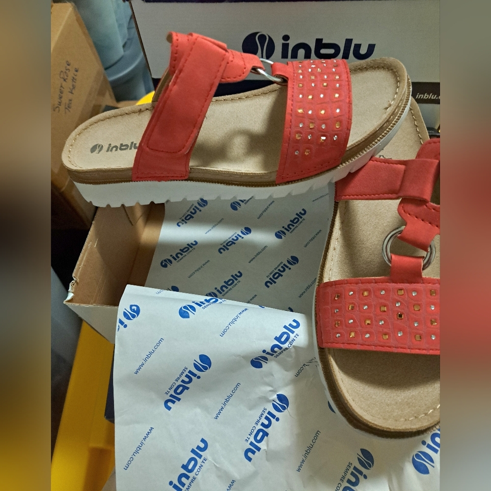COMFORT FOOTBED embellished SUEDE SANDALS brand new SLIP-ON inblu Red/Coral - Picture 3 of 8